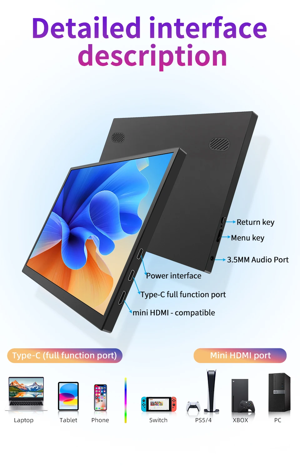 420Cd/m ² 10.5 inch Portable Monitor IPS FHD 1280P 100%SRGB Game Screen Laptop Mac Xbox PS4/5 Switch Display 420Cd/m ² 10.5 inch Portable Monitor IPS FHD 1280P 100%SRGB Game Screen Laptop Mac Xbox PS4/5 Switch Display