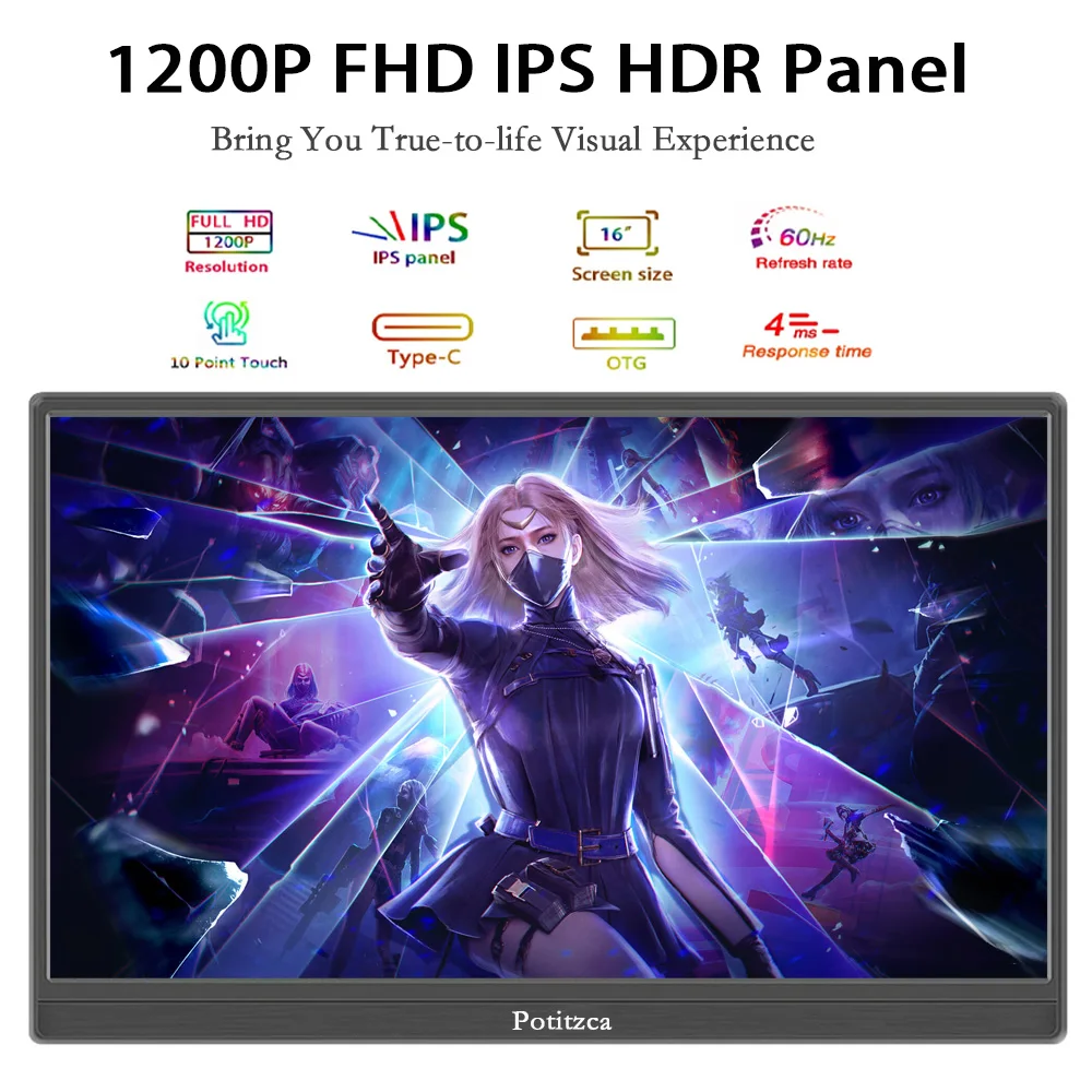 Portable Monitor 16 Inch Touchscreen 1920x1200 Full HD IPS Panel 16:10 USB Type-C HDMI Port for Laptop/MAC/Phone/PS4/Xbox/Switch