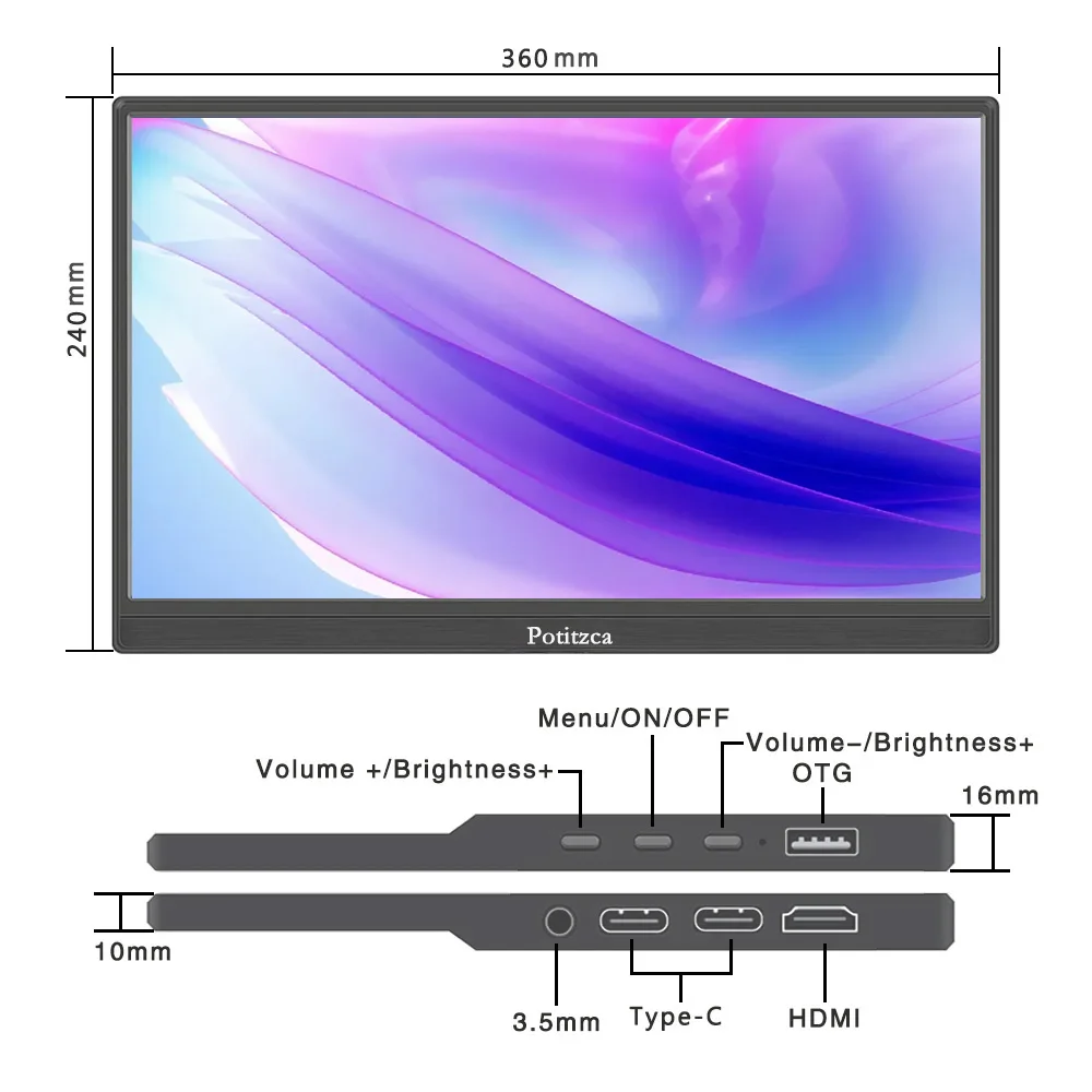 Portable Monitor 16 Inch Touchscreen 1920x1200 Full HD IPS Panel 16:10 USB Type-C HDMI Port for Laptop/MAC/Phone/PS4/Xbox/Switch