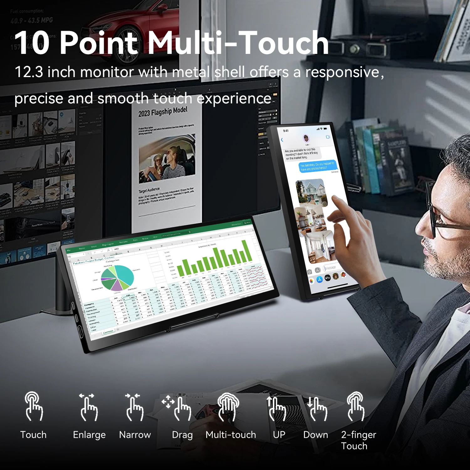 12.3/14.5 inch TouchScreen Monitor HDMI & Type C 1920x720/2.5K IPS Display LCD Bar Computer Temp Display Widescreen