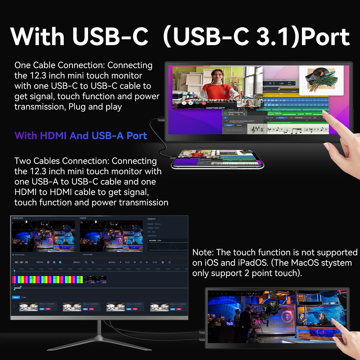 12.3/14.5 inch TouchScreen Monitor HDMI & Type C 1920x720/2.5K IPS Display LCD Bar Computer Temp Display Widescreen