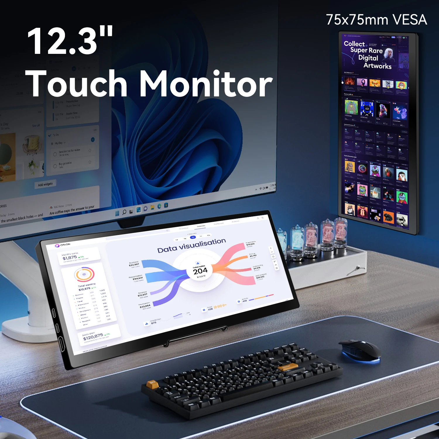 12.3/14.5 inch TouchScreen Monitor HDMI & Type C 1920x720/2.5K IPS Display LCD Bar Computer Temp Display Widescreen