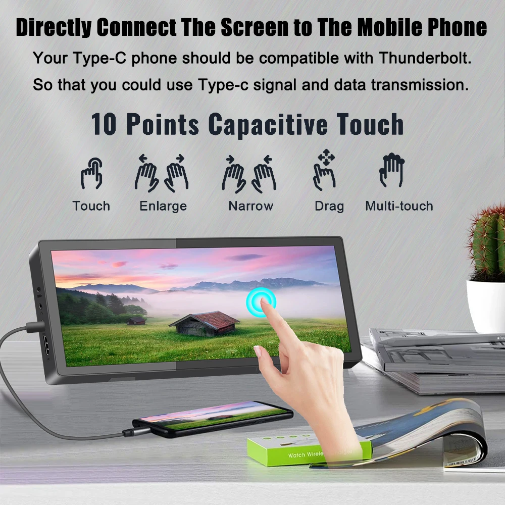 10.3 inch TouchScreen Monitor 1920x720 IPS Display LCD Bar Computer Temp Display Extender Monitor