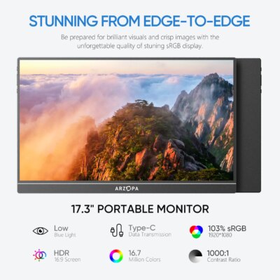 ARZOPA 17.3 FHD Portable Monitor 1080P External Display IPS Screen with USB C mini-HDMI Port for Laptop Mac PC Xbox PS Switch - Image 3