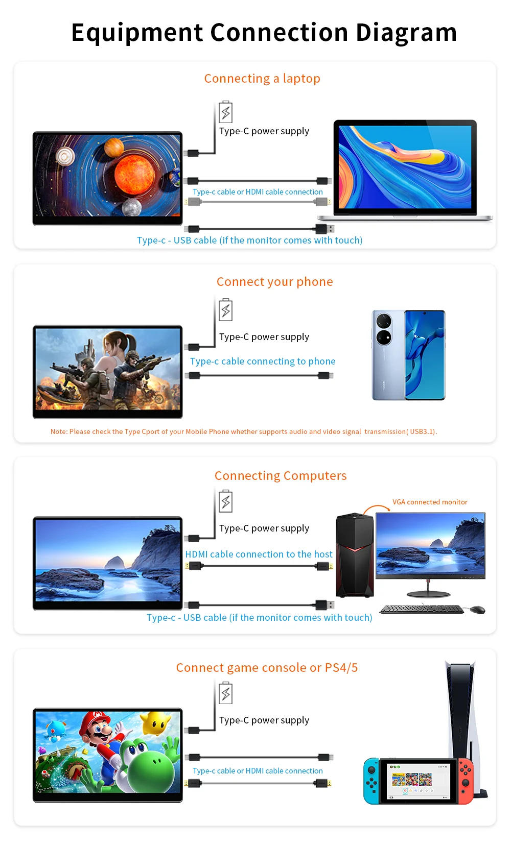 13.3 inch 2560x1600p 2.5K Portable Monitor External Display for Gaming Laptop PS3/PS4 Switch Mini PC Tablet