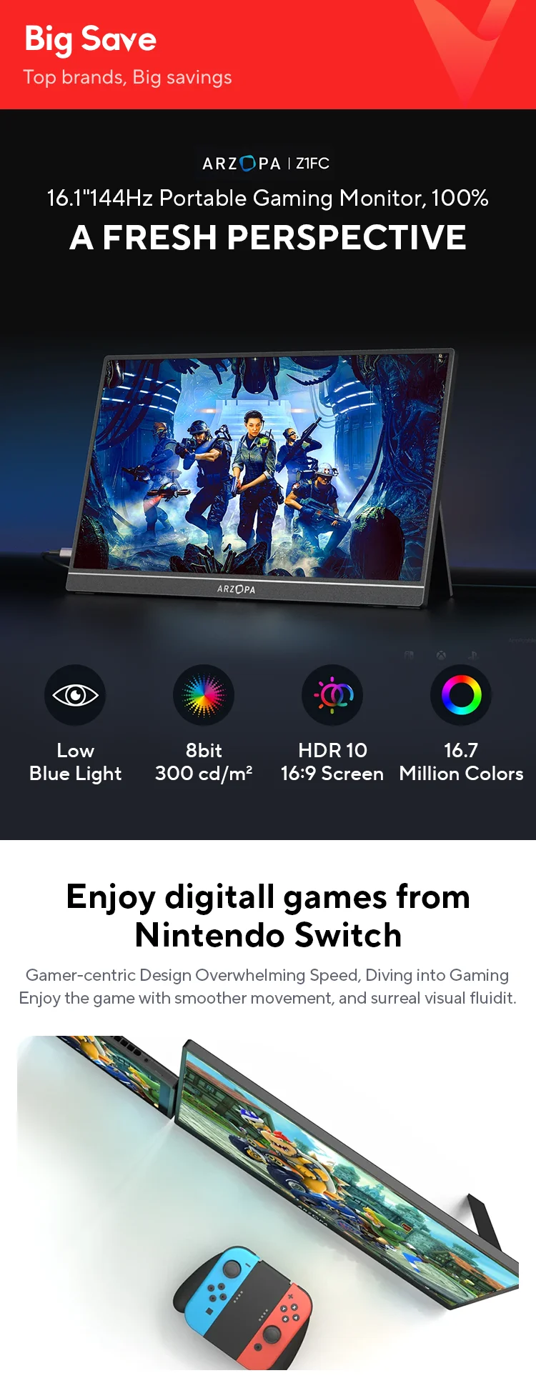 ARZOPA 16.1 inch 100% sRGB 144Hz Gaming Monitor Portable Laptop Display with Type C Mini HDMI For PS4/5 Steam Deck Switch PC Mac ARZOPA 16.1 inch 100% sRGB 144Hz Gaming Monitor Portable Laptop Display with Type C Mini HDMI For PS4/5 Steam Deck Switch PC Mac