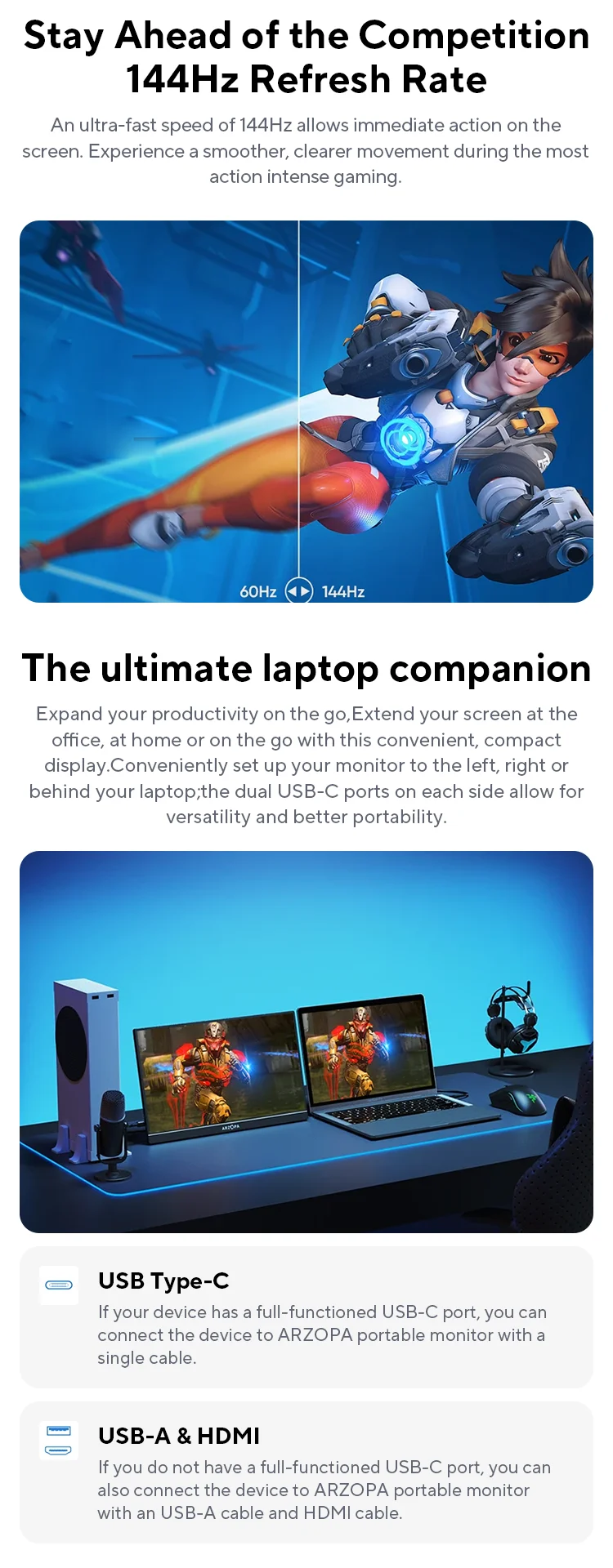 ARZOPA 16.1 inch 100% sRGB 144Hz Gaming Monitor Portable Laptop Display with Type C Mini HDMI For PS4/5 Steam Deck Switch PC Mac ARZOPA 16.1 inch 100% sRGB 144Hz Gaming Monitor Portable Laptop Display with Type C Mini HDMI For PS4/5 Steam Deck Switch PC Mac