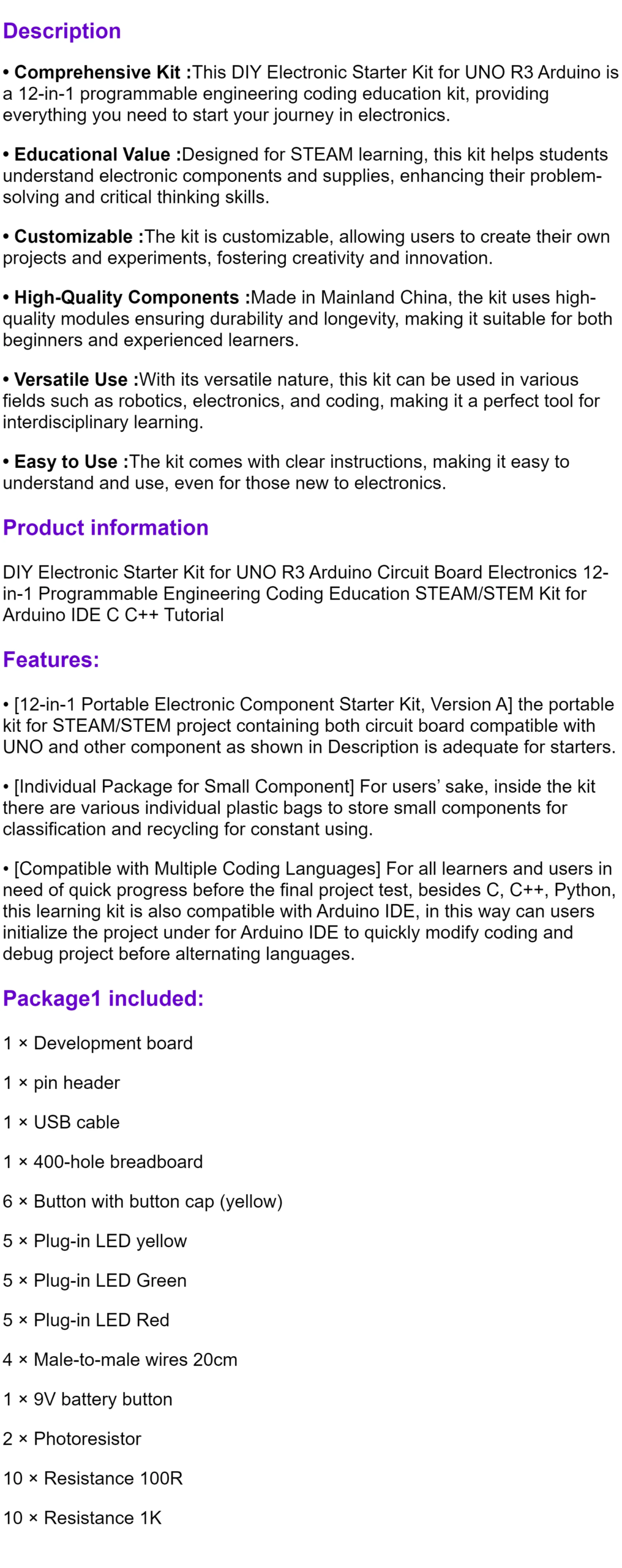 DIY Electronic Starter Kit for UNO R3 Arduino Circuit Board Electronics 12-in-1 Programmable Engineering Coding Education STEAM