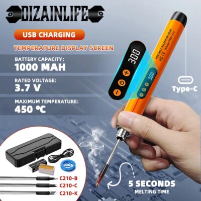 1000mAh USB LED Digital Electric Soldering Iron Kit Mini Cordless Adjustable Temperature 300-450℃ Smart Welding Solder Tool