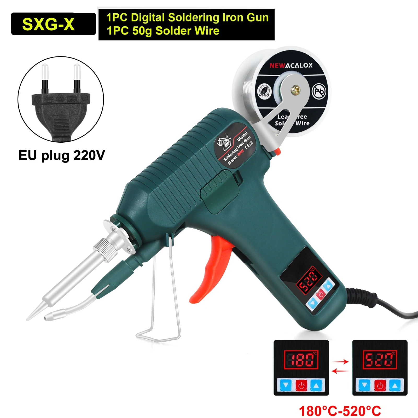 NEWACALOX EU 80W Digital Display Soldering Iron Gun 180-520°C Adjustable Temperature Automatic Send Tin Gun Repair DIY Tool