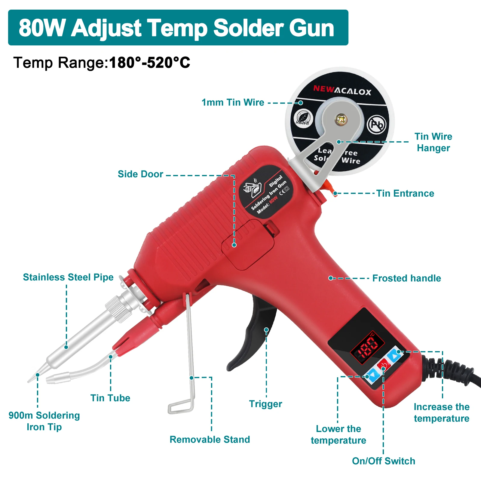 NEWACALOX EU 80W Digital Display Soldering Iron Gun 180-520°C Adjustable Temperature Automatic Send Tin Gun Repair DIY Tool