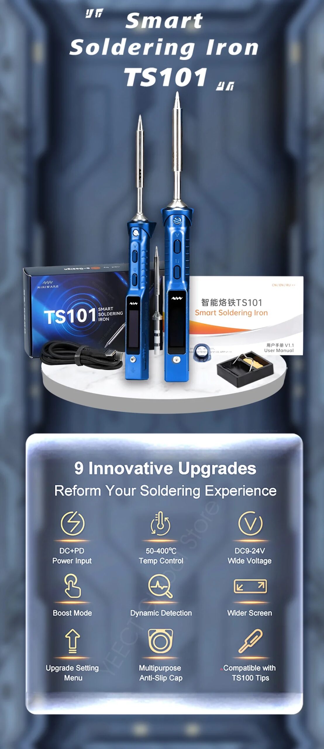 TS101 Blue Smart Soldering Iron BC2 Tip 90W Portable DC USB-C Interface For Welding Tools Constant Adjustable Temperature TS 100