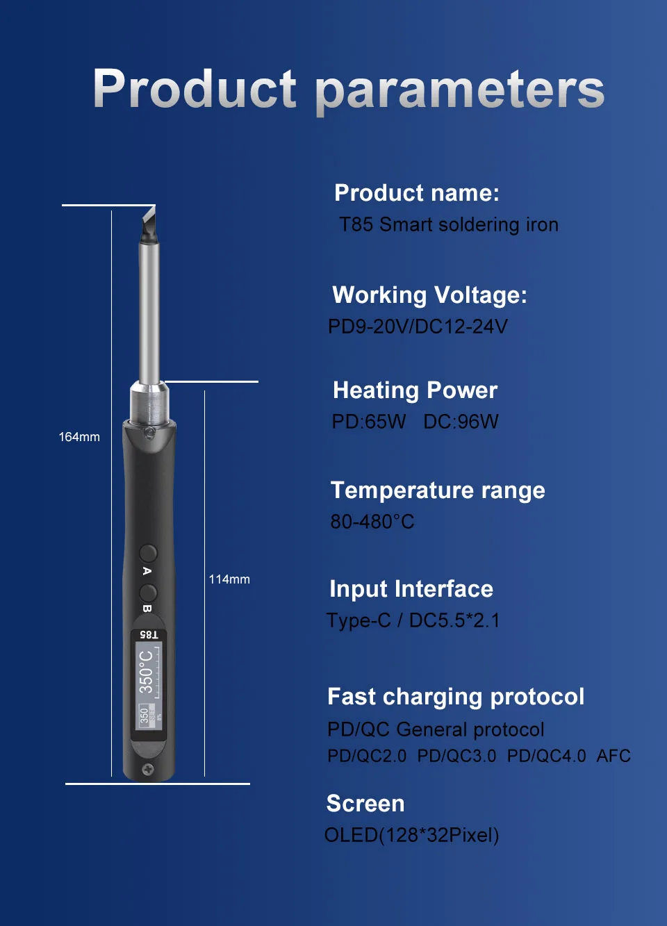 QUECOO Electric Soldering Iron Kit T85 96W Repair Tool Welding Solder Rework Station Heat Pencil Smart Portable Solder Iron Tips