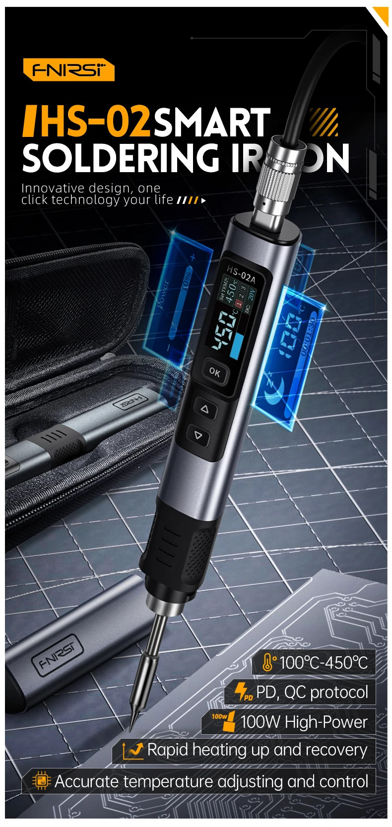 FNIRSI HS-02 Smart Electric Soldering Iron 100-450℃ Temp Adjustable PD 65W Portable Welding Rework Station Solding Irons Kit