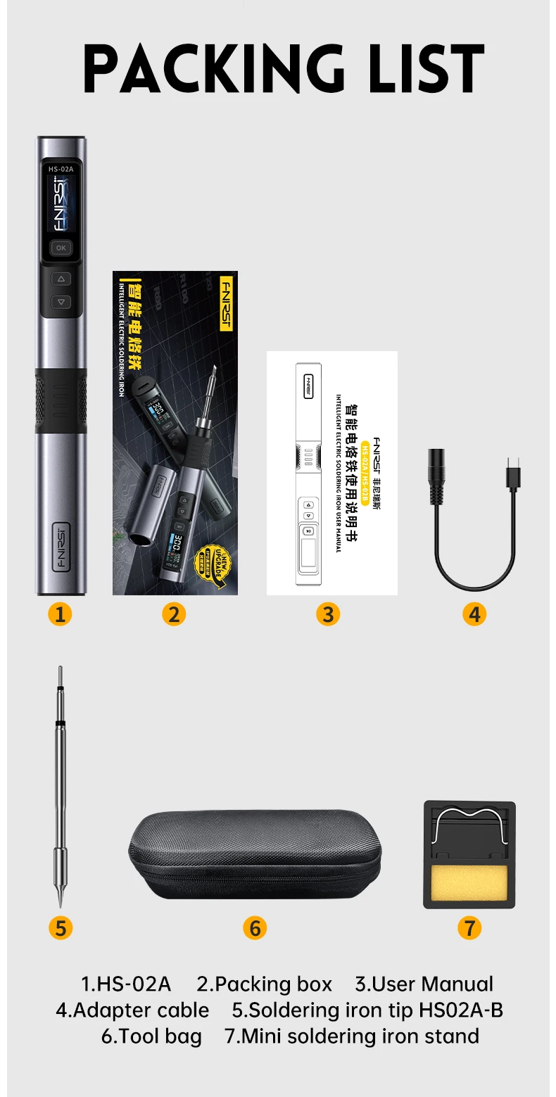 FNIRSI HS-02 Smart Electric Soldering Iron 100-450℃ Temp Adjustable PD 65W Portable Welding Rework Station Solding Irons Kit