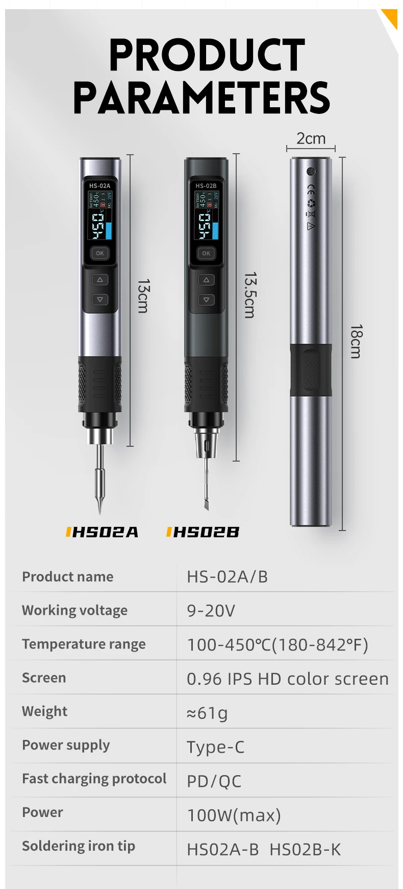 FNIRSI HS-02 Smart Electric Soldering Iron 100-450℃ Temp Adjustable PD 65W Portable Welding Rework Station Solding Irons Kit