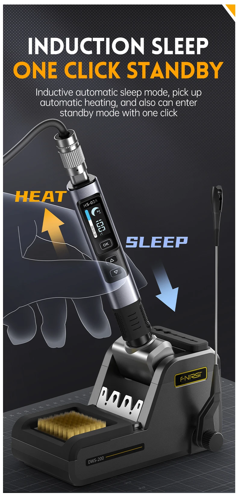 FNIRSI HS-02 Smart Electric Soldering Iron 100-450℃ Temp Adjustable PD 65W Portable Welding Rework Station Solding Irons Kit