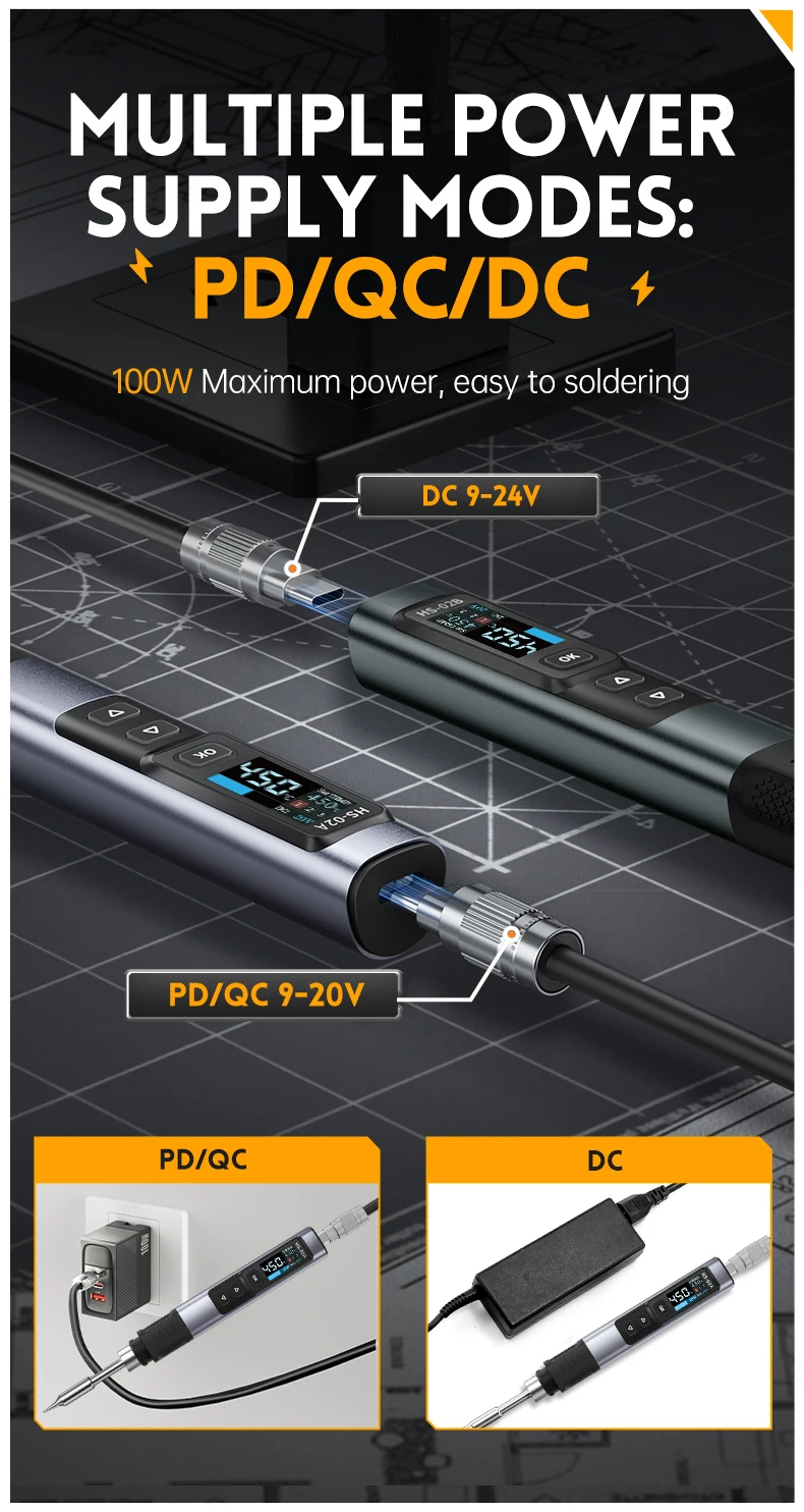 FNIRSI HS-02 Smart Electric Soldering Iron 100-450℃ Temp Adjustable PD 65W Portable Welding Rework Station Solding Irons Kit