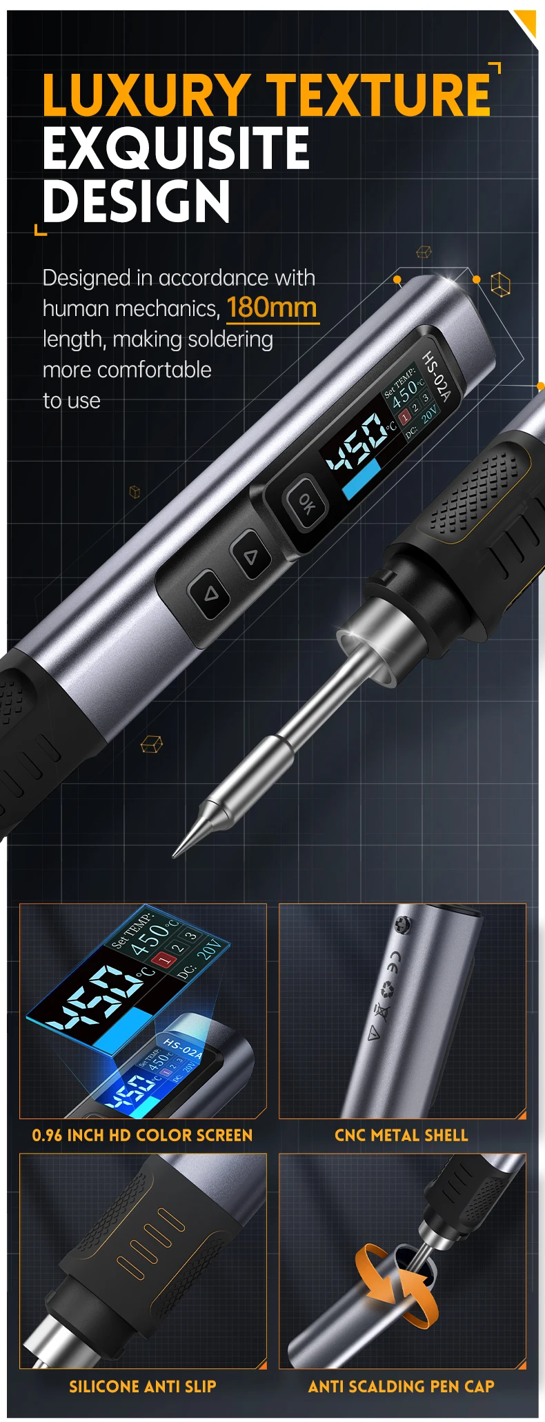 FNIRSI HS-02 Smart Electric Soldering Iron 100-450℃ Temp Adjustable PD 65W Portable Welding Rework Station Solding Irons Kit
