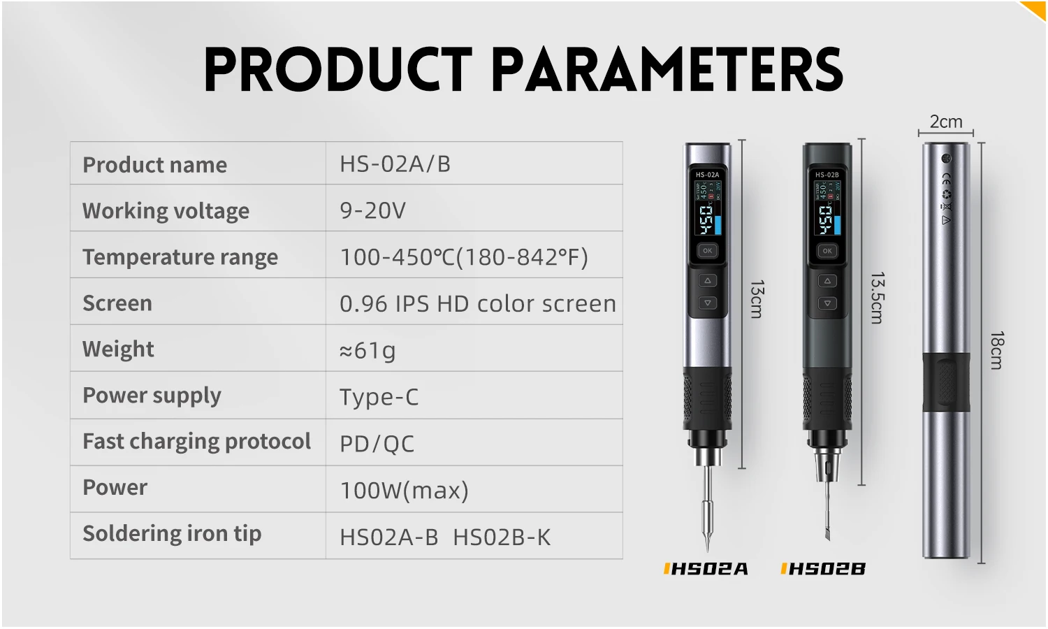 FNIRSI HS-02 Adjustable Temperature Soldering Iron DC 20V 100-450℃ Welding Solder Rework Station PD 100W Portable Repair Tool