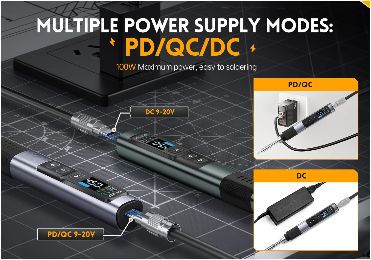 FNIRSI HS-02 Adjustable Temperature Soldering Iron DC 20V 100-450℃ Welding Solder Rework Station PD 100W Portable Repair Tool