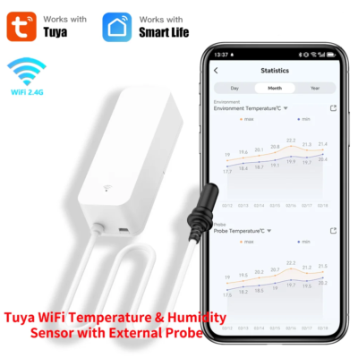 WiFi Temperature and Humidity Sensor External Probe Remote Control Smart Home Monitor Wrok With Alexa Tuya Smart Life