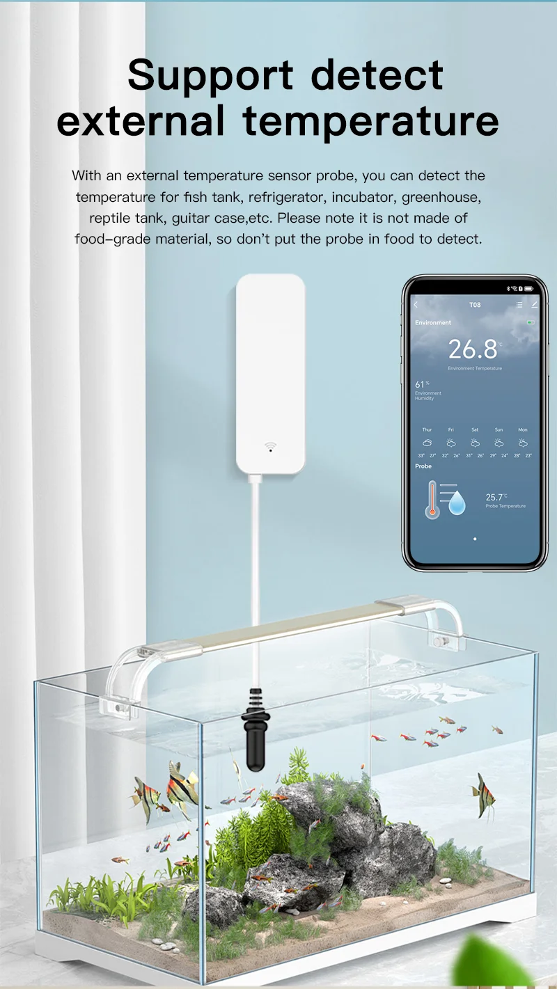 WiFi Temperature and Humidity Sensor External Probe Remote Control Smart Home Monitor Wrok With Alexa Tuya Smart Life