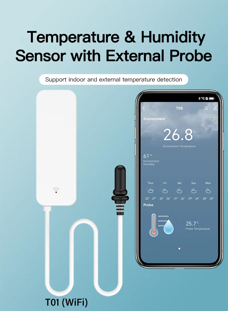 WiFi Temperature and Humidity Sensor External Probe Remote Control Smart Home Monitor Wrok With Alexa Tuya Smart Life