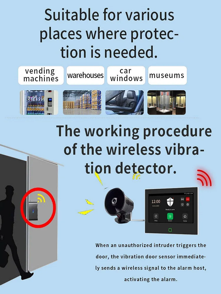 Wireless Window Shock Glass Break Detector 433MHz Door Vibration Sensor with Senstitive Adjustment for Security Alarm System