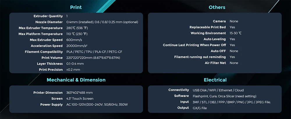 Flashforge Adventurer 5M 3d Printer Max 600mm/s High Speed Full-auto Leveling 280℃ Direct Extruder PEI Flexible Plate