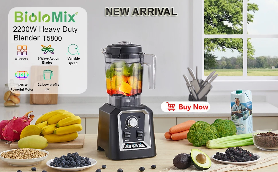 BioloMix 3HP 2200W Heavy Duty Grade Timer Blender Mixer Juicer Fruit Food Processor Ice Smoothies BPA Free 2L Jar