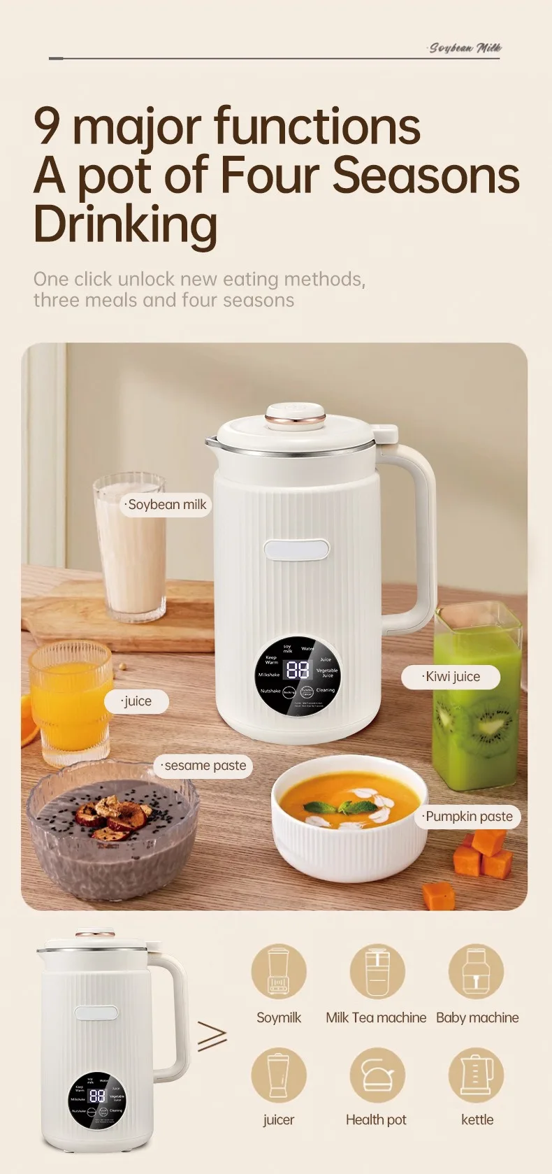 220V/110V  Multifunctional Electric Soybean Milk Machine Food Blender Automatic Fruit Juice Maker Water Boiling Kettl Soy