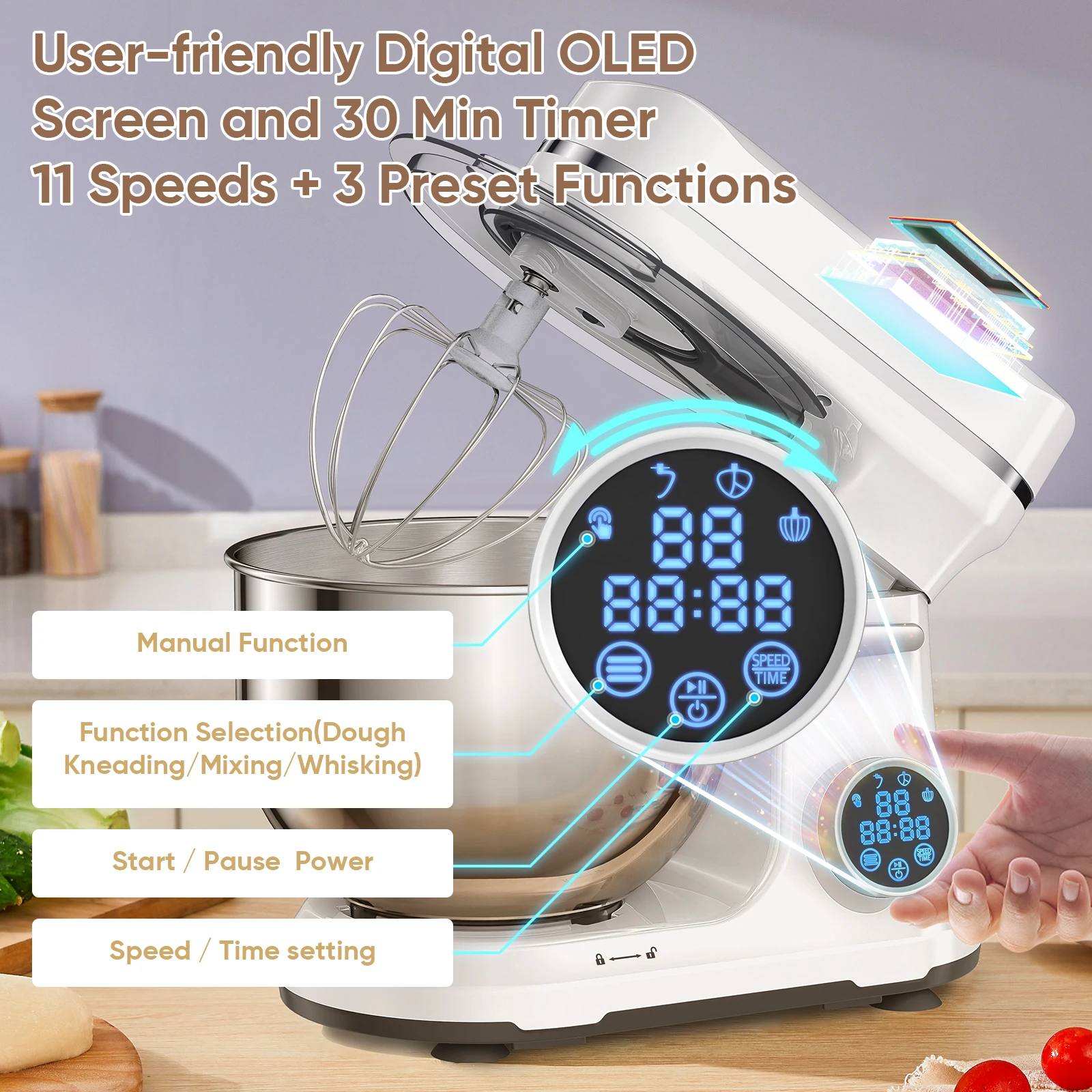 BioloMix Kitchen Food Stand Mixer, 1200W 11-Speeds DC Motor, Digital OLED Screen, Electric Food Mixer with Dough Hook, Whisk BioloMix Kitchen Food Stand Mixer, 1200W 11-Speeds DC Motor, Digital OLED Screen, Electric Food Mixer with Dough Hook, Whisk