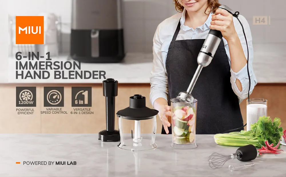 MIUI Electric Hand Held Stick Blender 6-in-1 Multi-Purpose Immersion Hand Blender Stainless Steel Blades Home Kitchen1200W