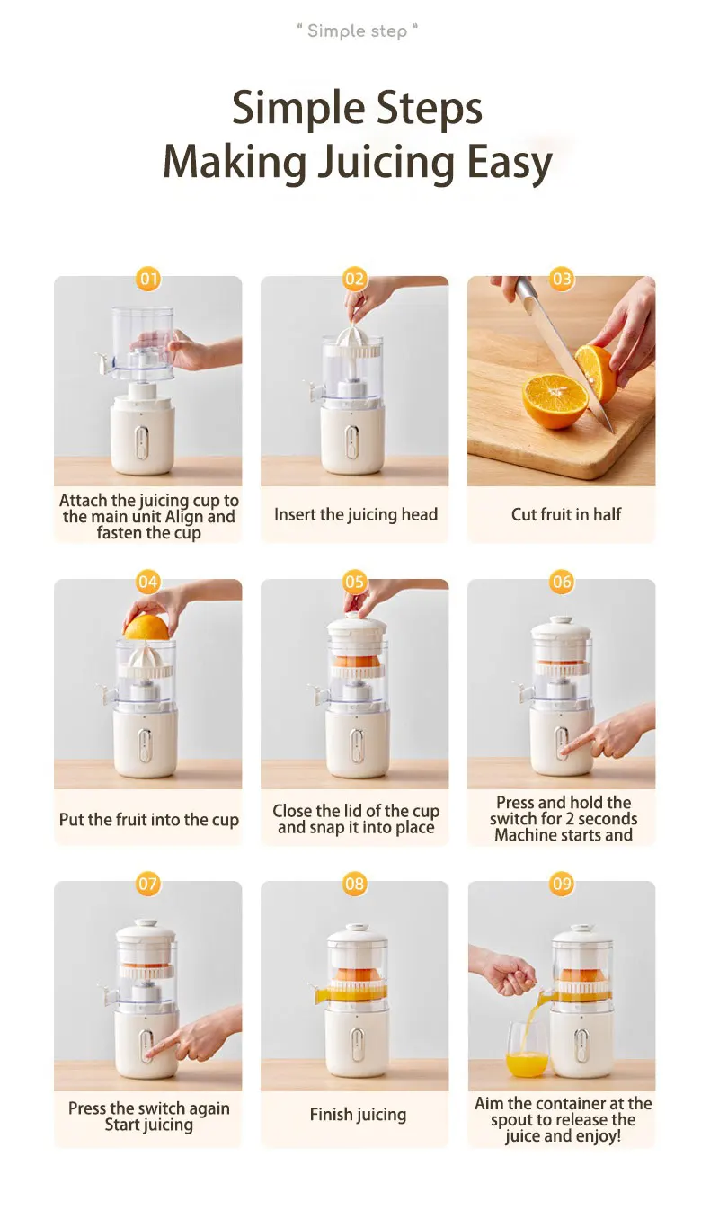 Home Travel 1500mAh Rechargeable Juicer For Lemon Orange Citrus 45W  Wireless Blender Automatic Separation Raw Electric Juicer