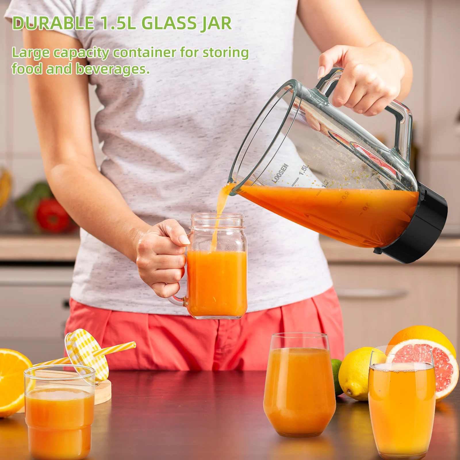 BioloMix 1300W Smoothie Blender with 1.5L Glass Jar, Personal Blenders Combo for Frozen Fruit Drinks,  Sauces
