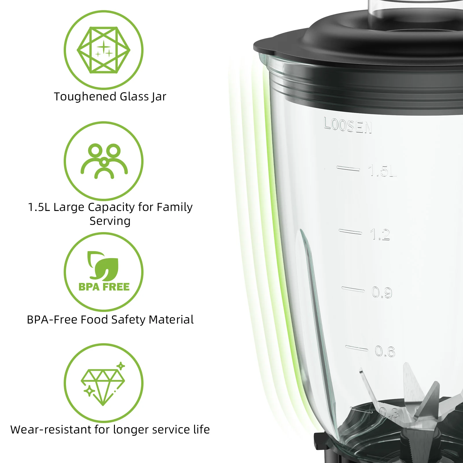 BioloMix 1300W Smoothie Blender with 1.5L Glass Jar, Personal Blenders Combo for Frozen Fruit Drinks,  Sauces