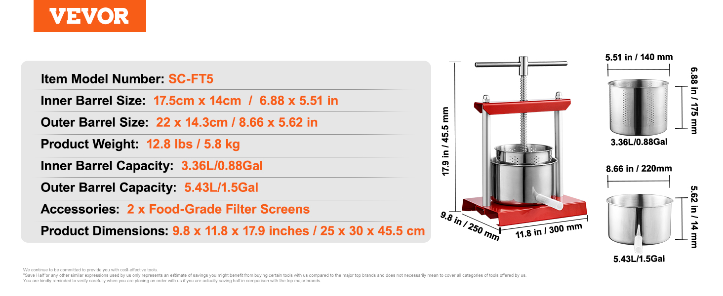 VEVOR 2L 3L 3.36L Manual Fruit Press Stainless Steel Household Manual Squeezer Cider Vegetables Juice Extractor for Home Kitchen VEVOR 2L 3L 3.36L Manual Fruit Press Stainless Steel Household Manual Squeezer Cider Vegetables Juice Extractor for Home Kitchen