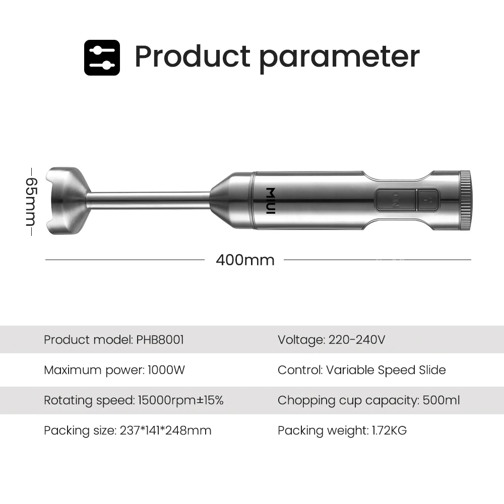 MIUI Hand Immersion Blender 1000W Powerful 4-in-1 Stainless Steel Stick Food Mixer 700ml Mixing Beaker 500ml Processor Whisk