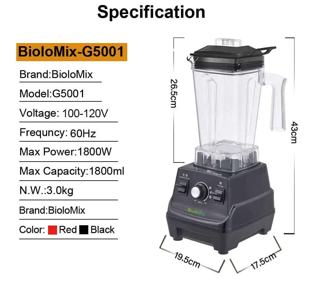 BioloMix 1800W  Mini Pro Professional-Grade Smoothie Blender, 1.8L Container, Black/RED, Self-Cleaning