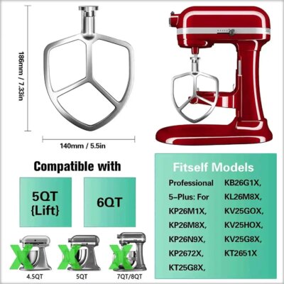 For Kitchenaid 6 Quart Mixer Aid Attachment Parts AccessoriesStand Mixer Wire Whip& Dough Hook&Mixer Aid Paddle - Image 2