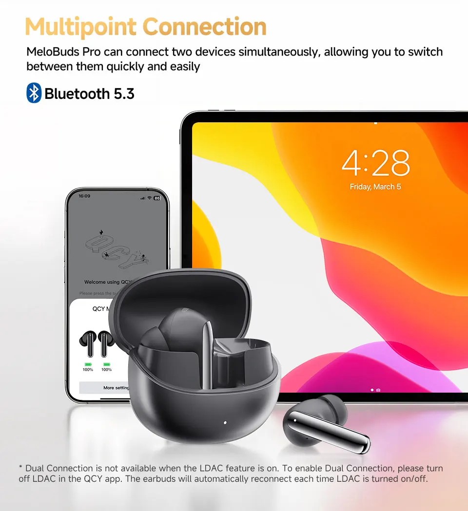 QCY MeloBuds Pro ANC Bluetooth 5.3 Earphones Wireless 46dB Hybrid ANC Hi-Res LDAC Earbuds 6 Mic Headphones 34H in-Ear Detection