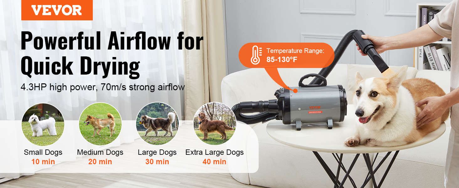 VEVOR 2000W/2.7HP Dog Blow Dryer Adjustable Speed Temperature Control with 4 Nozzles and Extendable Hose for Pet Hair Grooming
