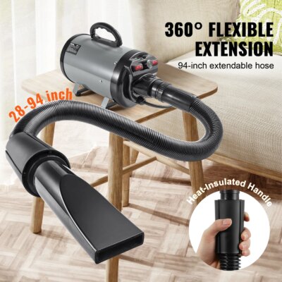 VEVOR 2000W/2.7HP Dog Blow Dryer Adjustable Speed Temperature Control with 4 Nozzles and Extendable Hose for Pet Hair Grooming - Image 5