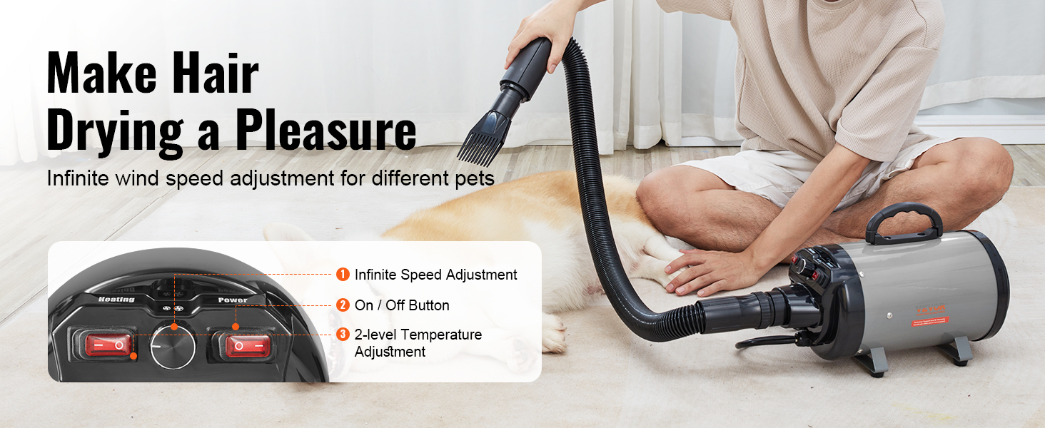 VEVOR 2000W/2.7HP Dog Blow Dryer Adjustable Speed Temperature Control with 4 Nozzles and Extendable Hose for Pet Hair Grooming