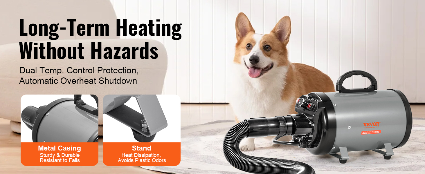 VEVOR 2000W/2.7HP Dog Blow Dryer Adjustable Speed Temperature Control with 4 Nozzles and Extendable Hose for Pet Hair Grooming