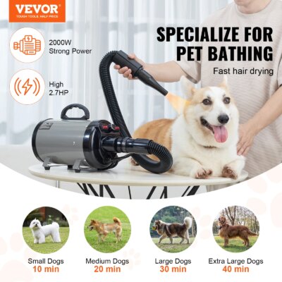 VEVOR 2000W/2.7HP Dog Blow Dryer Adjustable Speed Temperature Control with 4 Nozzles and Extendable Hose for Pet Hair Grooming - Image 2
