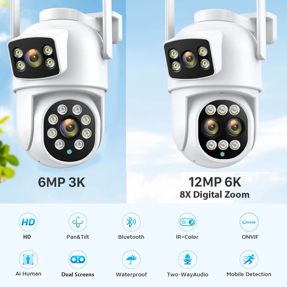12MP 6K WiFi IP Camera Outdoor 8X Zoom Dual Screens 6MP PTZ Wifi Surveillance Camera Night Vision ICSEE APP CAM Human Detection 12MP 6K WiFi IP Camera Outdoor 8X Zoom Dual Screens 6MP PTZ Wifi Surveillance Camera Night Vision ICSEE APP CAM Human Detection