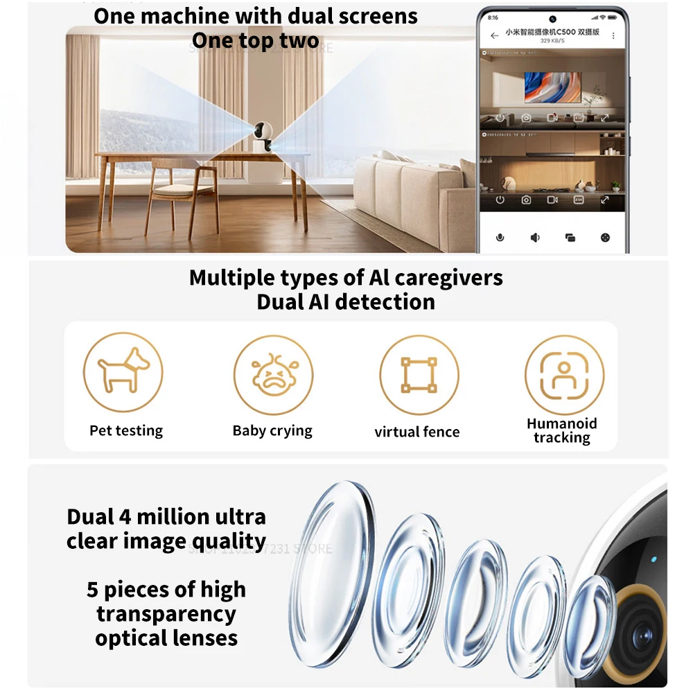 Xiaomi C500 Smart Camera Dual Lens PTZ 360° Pets&Facial Detection 4 Million pixels Full Color Night Vision WiFi 6 For MiHome app