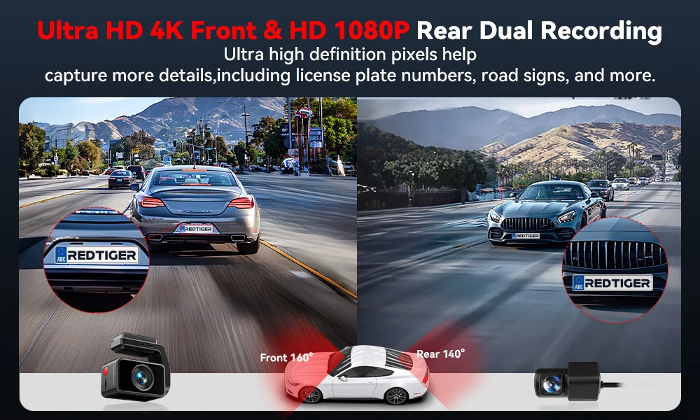 REDTIGER A4 Dash Camera Front and Rear 4k Dash Cam  Drive Recorder for WiFi GPS Car Dvr for 24H Parking Mode Black Box for Car